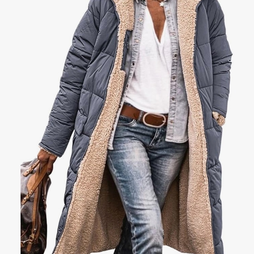 NWT PRETTY GARDEN Reversible Winter Oversized Shearling Fleece Coat, Gray/tan